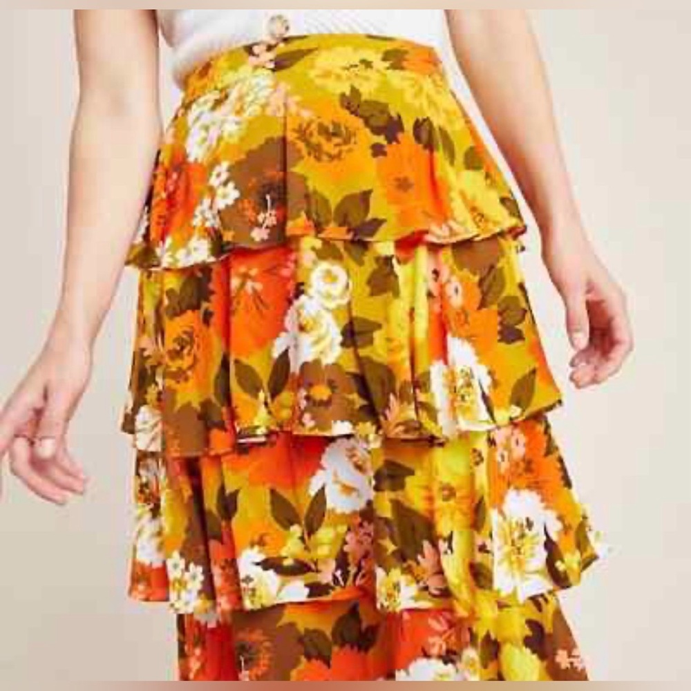 Anthropologie Wolven Floral Tiered Women’s Midi Skirt Size 10 NWT